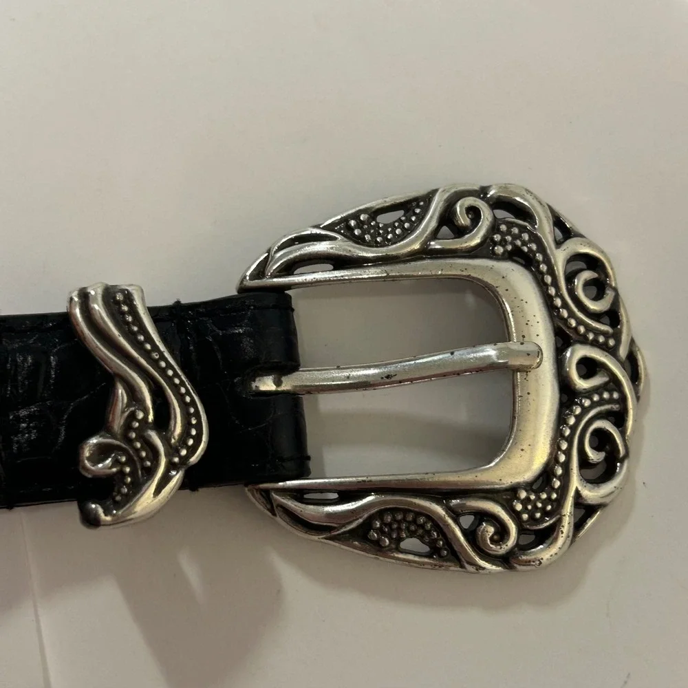 Coldwater Creek Black Croc Leather Western Belt Silver Ornate Buckle 2X 2007